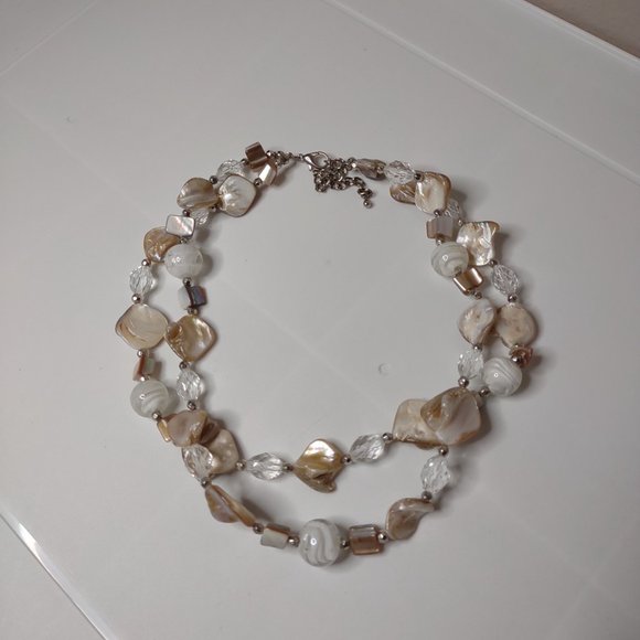 Two Layer Shell, Plastic, And Glass Bead Necklace Adjustable 17 To 20 Inches - Picture 2 of 10